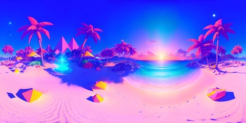 Photo of a vibrant tropical beach with palm trees and colorful umbrellas
