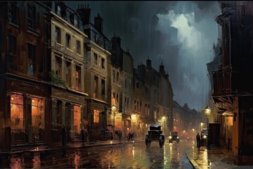 Old European city street landscape, night city in the rain painting, historical cityscape, London street of 19th century, generative AI