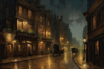 Old European city street landscape, night city in the rain painting, historical cityscape, London street of 19th century, generative AI