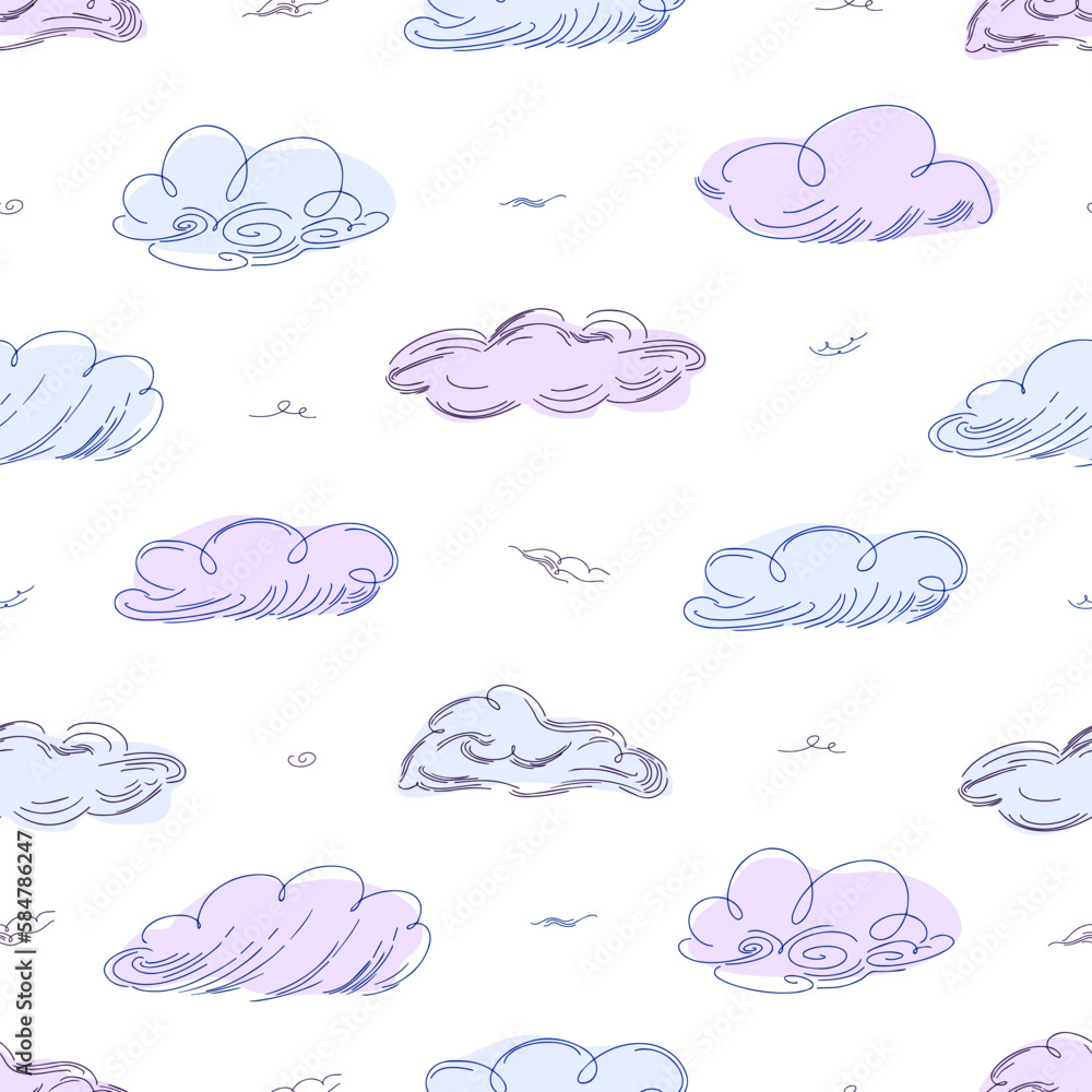 Poster seamless cloud pattern graphics in trendy style on white background.