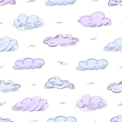 Seamless cloud pattern graphics in trendy style on white background.