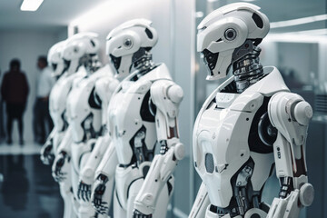 futuristic white medical android robots in a future lab, created with generative ai