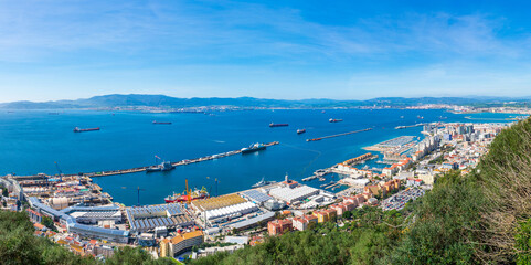 Fototapeta na wymiar Panoramic view over Gibraltar - a British Overseas Territory, and Spain across Bay of Gibraltar