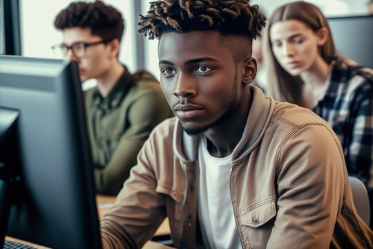 Handsome african american male future programmer studying data science with other diverse students in classroom at University, sitting at table desk looking at computer screen, coding. Generative AI