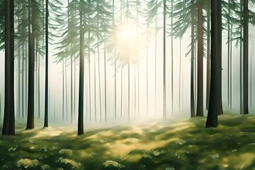 A misty forest with a beam of light shining through the trees Generative AI