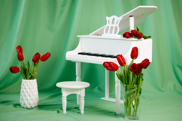 A white baby grand piano on a green background. Red tulips in vases. Location for spring photos