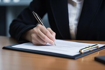 Businesswoman signing business contract with a pen on table at office - Generative AI