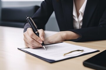 Businesswoman signing business contract with a pen on table at office - Generative AI