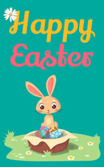 Obraz na płótnie Canvas Happy Easter Card with Rabbit on grass and easter egg, bunny 