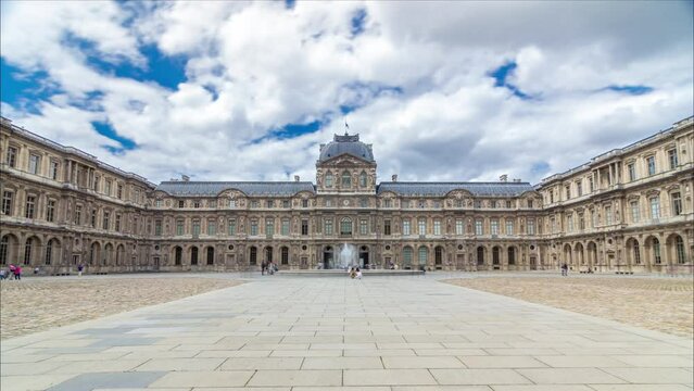 Inner yard of museum with fountain timelapse hyperlapse. Cloudy sky at summer day. Paris, France
