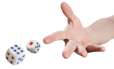 The dice game: hand throwing game cubes, cut out