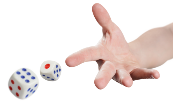 The dice game: hand throwing game cubes, cut out - Powered by Adobe