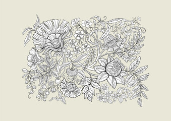 Fantasy flowers in retro, vintage, jacobean embroidery style. Clip art, set of elements for design Vector illustration.