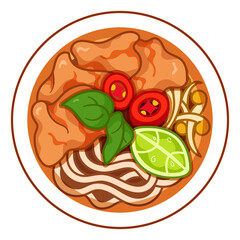 Pho vietnamese noodle soup recipe illustration vector. Asian vietnam noodles soup food icon top view. Pho vietnamese noodles soup with pork top view cartoon. 
Vietnam food menu icon vector.