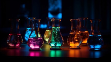 Experimental flasks filled with luminous liquid Generative AI