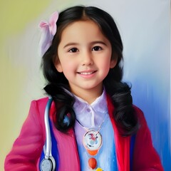 A young girl smiling, wearing a stethoscope.