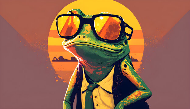 frog wearing sunglasses vintage 60s sunset vector illustration gradient flat color, the image was created with the help of artificial intelligence.