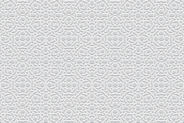 Embossed ethnic white background, cover design. Geometric decorative 3D pattern, press paper, leather. Motives of the East, Asia, India, Mexico, Aztecs, Peru. Dudling, boho, art deco, handmade style.