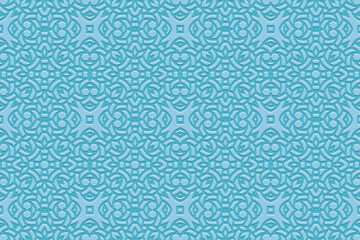 Embossed ethnic blue background, cover design. Geometric elegant 3D pattern, press paper, leather. Motives of the East, Asia, India, Mexico, Aztecs, Peru. Dudling, boho, art deco, handmade style.