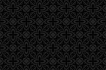 Embossed ethnic black background, cover design. Geometric vintage 3D drawing, press paper, leather. Motives of the East, Asia, India, Mexico, Aztecs, Peru. Dudling, boho, art deco, handmade style.