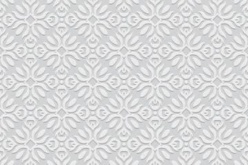 Embossed ethnic white background, cover design. Geometric art 3D drawing, press paper, leather. Motives of the East, Asia, India, Mexico, Aztecs, Peru. Dudling, boho, art deco, handmade style.