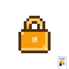 Pixel art lock. Golden lock sticker, pixel art icon, design for logo, web, mobile app, badges and patches. Isolated on white background vector illustration. Game assets 8-bit sprite.