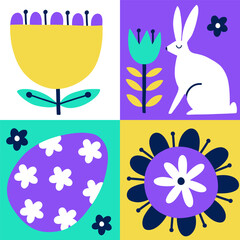 Happy Easter postcard. Easter modern illustration with bunny, egg and flowers. Perfect for greeting card, holiday covers, posters, banners, social media post.