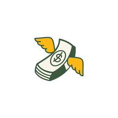 Money transfer illustration. Paper money with wings emoticon.