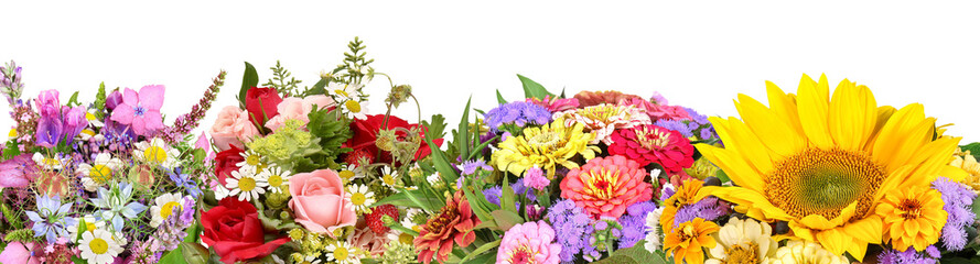 Panorama with different flower bouquets, transparent background
