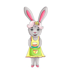 Easter bunny girl with cake, children's illustration, character for Easter, hand-drawn