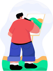 a fat boy with short black hair wearing a pink shirt is standing and painting
