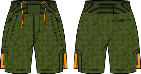 Camouflage Running Shorts jersey design flat sketch vector illustration. Boxing shorts concept with front and back view for Soccer, basketball, Volleyball, Rugby, badminton active wear shorts design.
