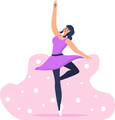 a girl wearing a purple dress equipped with ballet shoes is standing and dancing ballet
