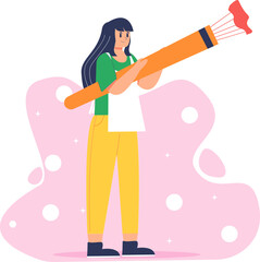 a girl with long black hair wearing a green shirt and yellow trousers was standing carrying a bow and arrow
