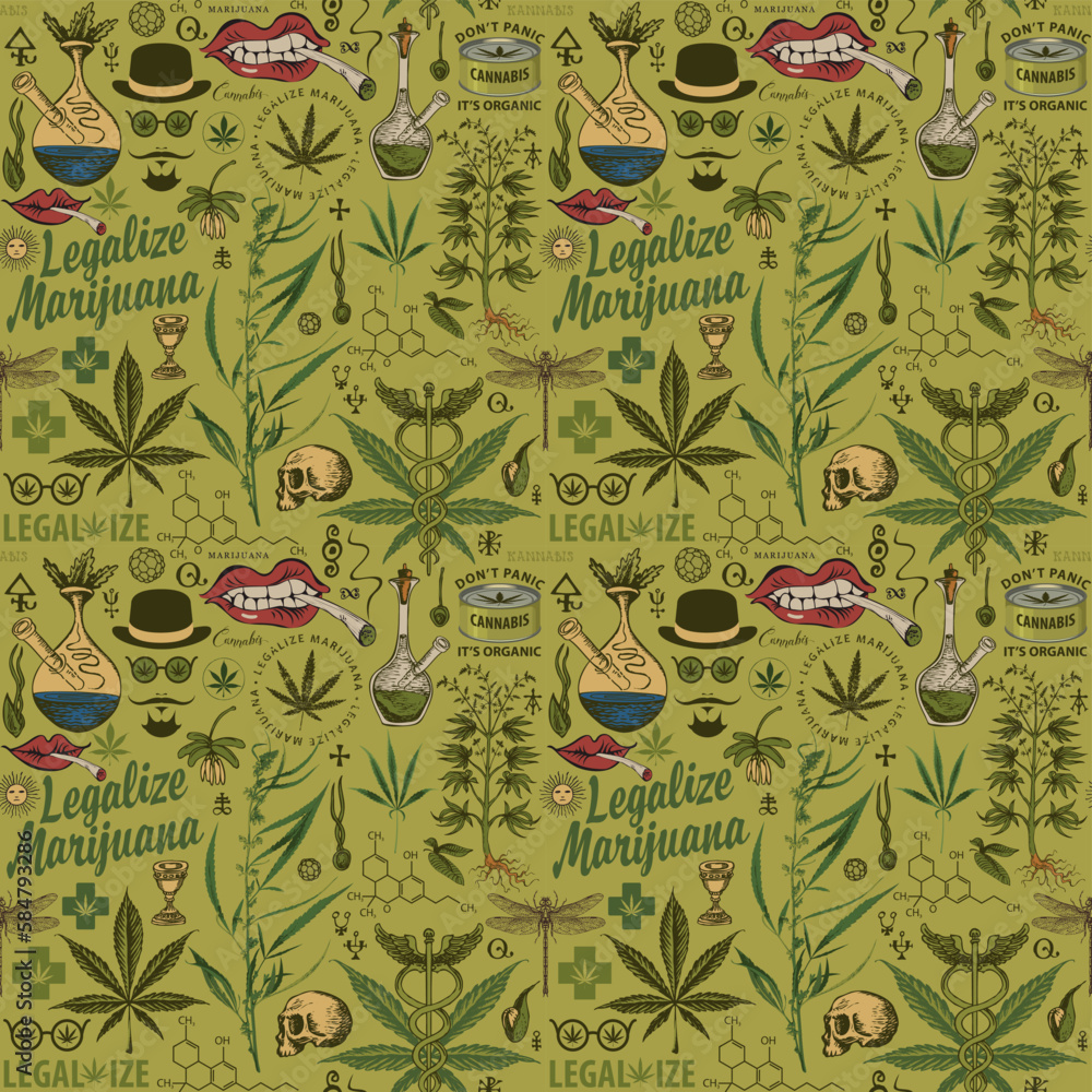 Poster vector seamless pattern in retro style on the theme of legalize marijuana. color repeatable backgrou
