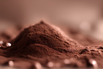 Photo en gros plan de poudre de chocolat riche et foncé avec une faible profondeur de champ qui met en valeur sa texture et son arôme - obrazy, fototapety, plakaty