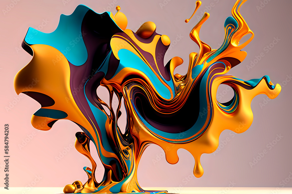 Poster intricate ornate abstract forms of bright iridescent colors with splashes on a simple background, mu