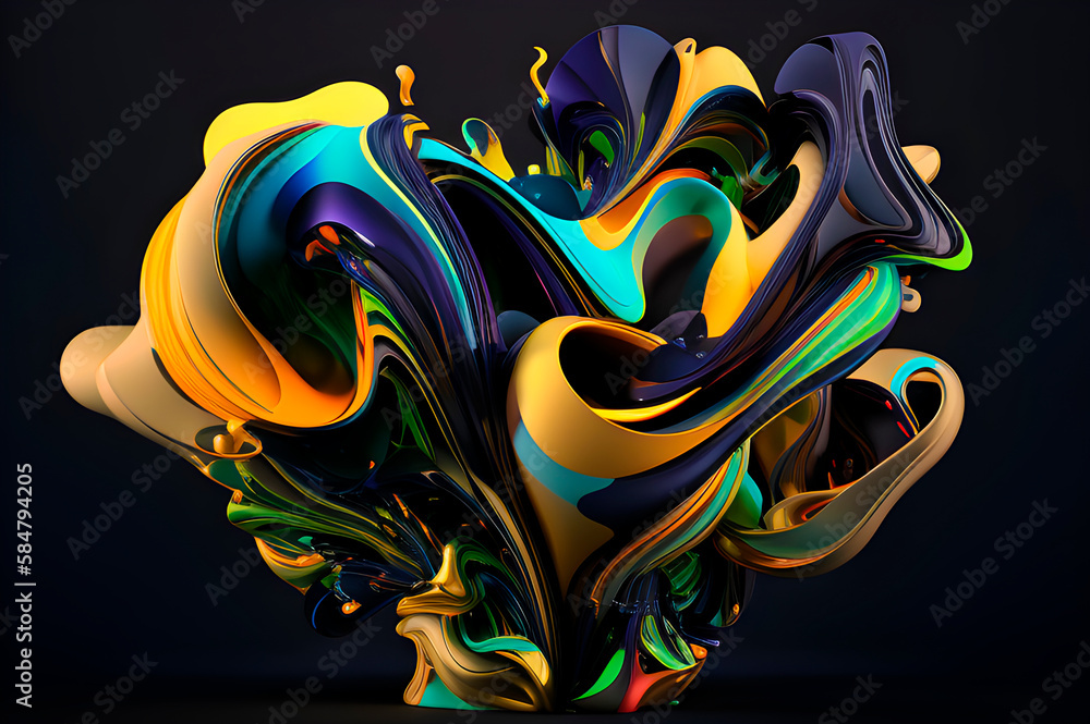 Poster intricate ornate abstract forms of bright iridescent colors with splashes on a simple background, mu