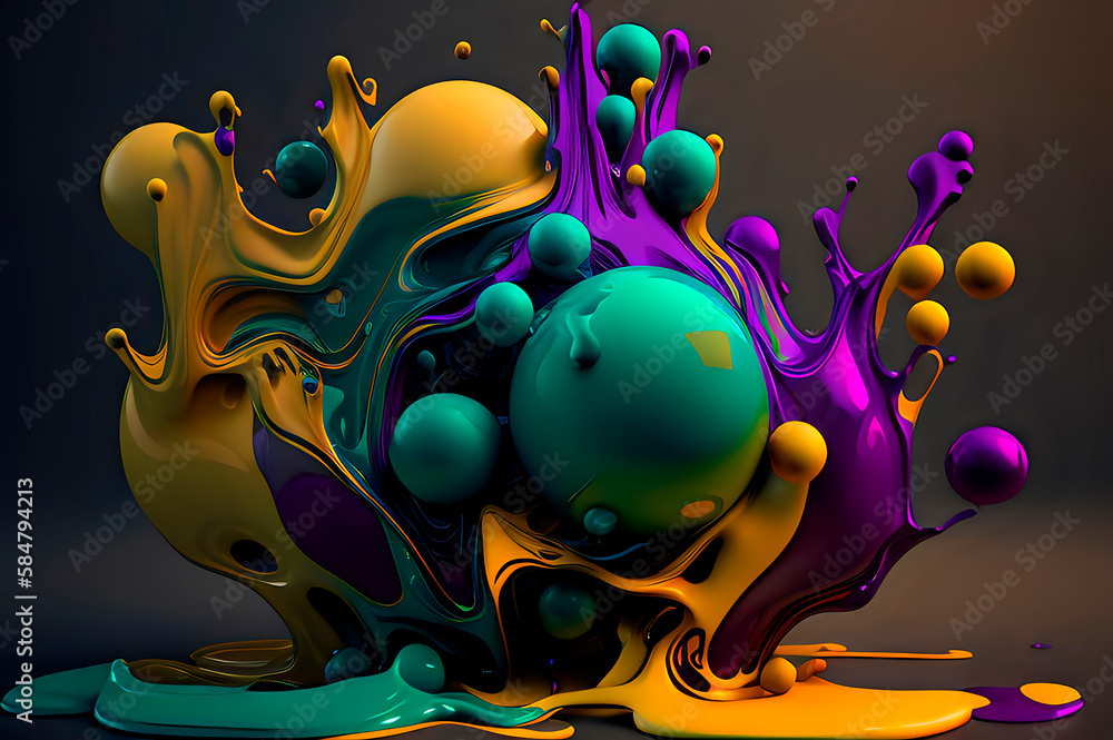 Poster abstract volumetric form of flowing iridescent paints with golden splashes, form with splashing roun