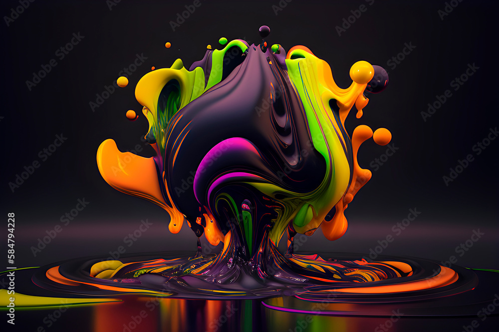 Poster abstract volumetric form of flowing iridescent paints with golden splashes, form with splashing roun