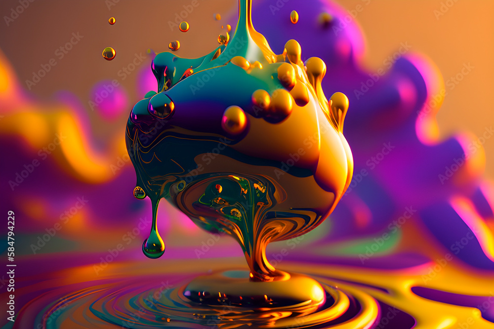 Poster abstract volumetric form of flowing iridescent paints with golden splashes, form with splashing roun