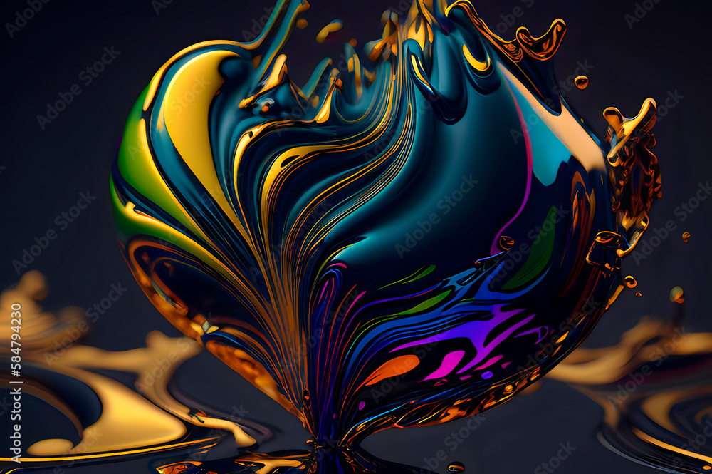 Poster intricate ornate abstract forms of bright iridescent colors with splashes on a simple background, mu