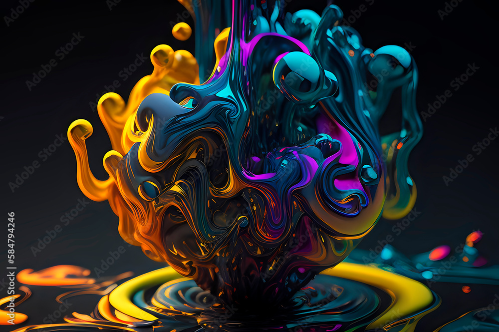 Poster abstract volumetric form of flowing iridescent paints with golden splashes, form with splashing roun
