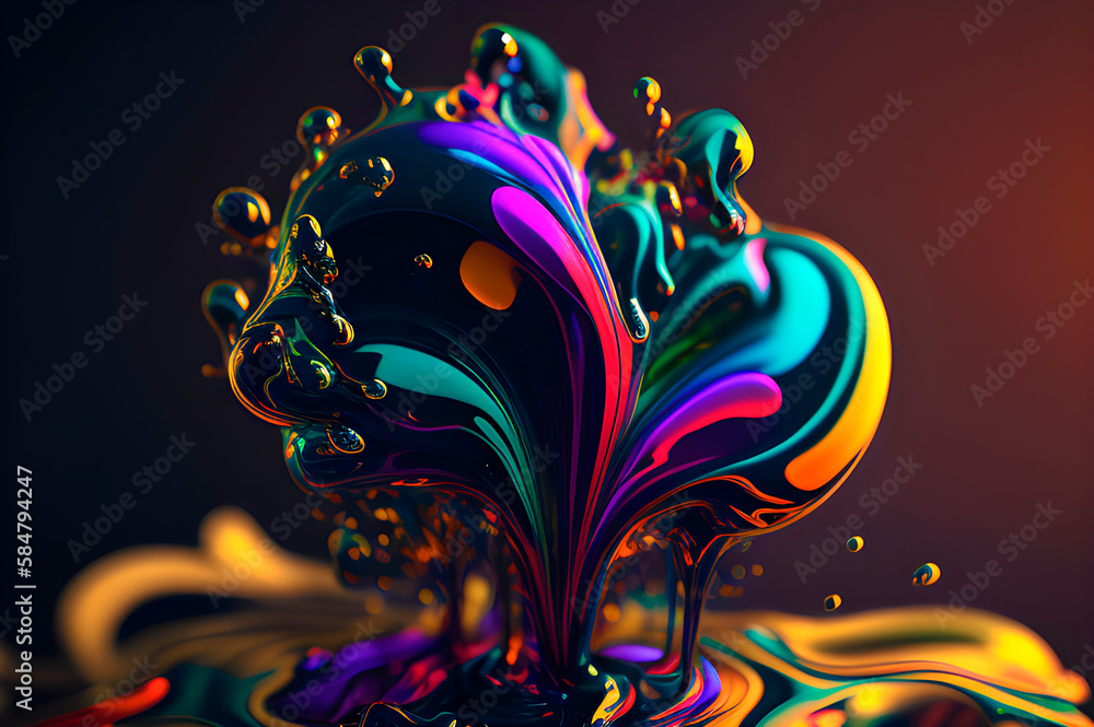 Poster abstract volumetric form of flowing iridescent paints with golden splashes, form with splashing roun