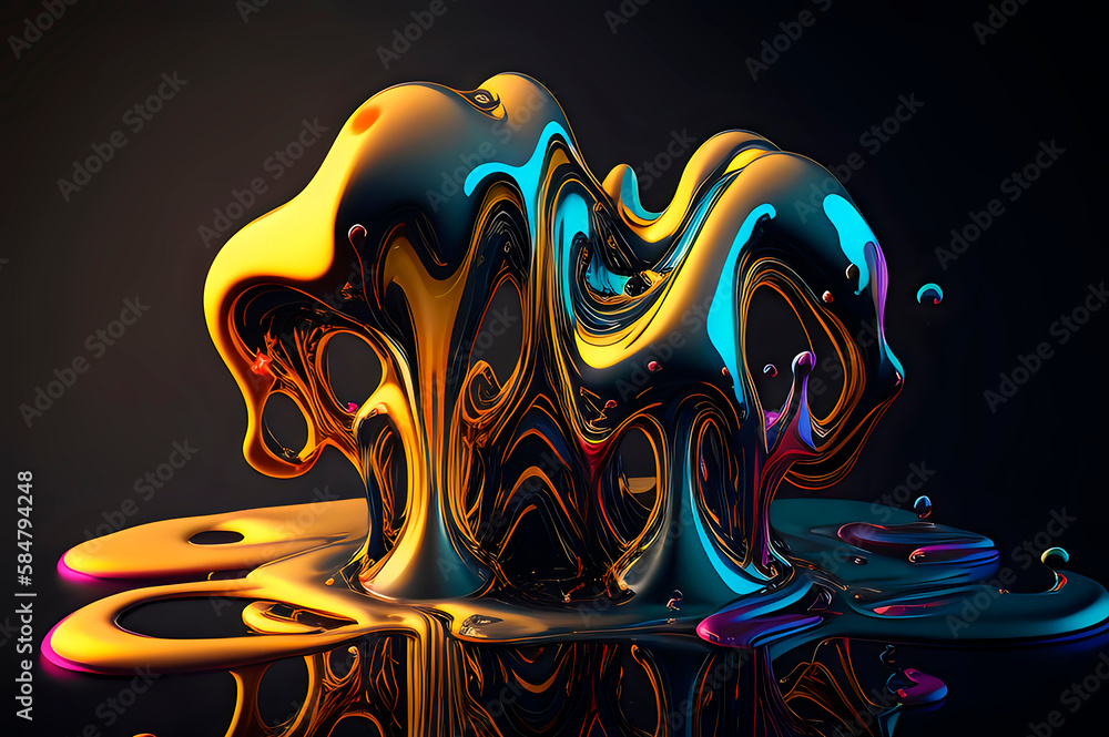 Poster intricate ornate abstract forms of bright iridescent colors with splashes on a simple background, mu