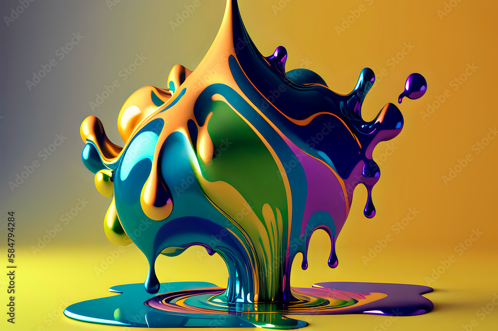 Poster abstract volumetric form of flowing iridescent paints with golden splashes, form with splashing roun