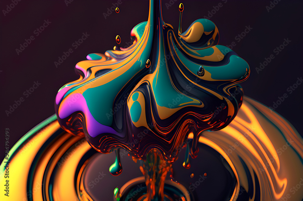 Poster intricate ornate abstract forms of bright iridescent colors with splashes on a simple background, mu