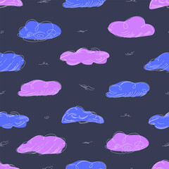 Seamless cloud pattern graphics in trendy style on dark background. - obrazy, fototapety, plakaty