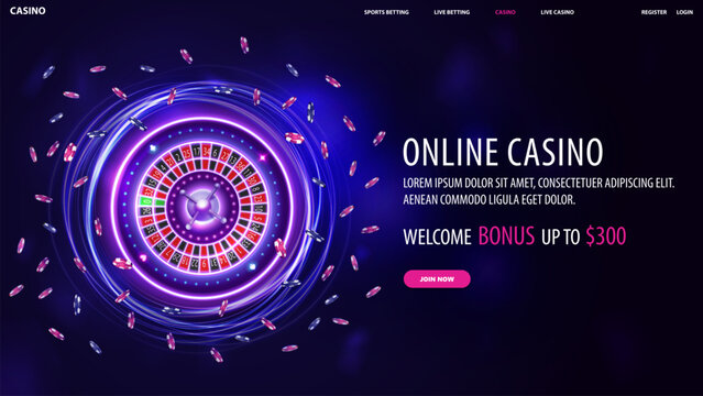 Online casino, web banner with offer, button and Pink and blue rotate neon Casino Roulette wheel with poker chips
