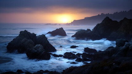 Obraz premium Backlit by a dramatic sunset, a coastal rock formation in Big Sur is captured in a moody and ethereal telephoto shot, Created with generative Ai Technology. 